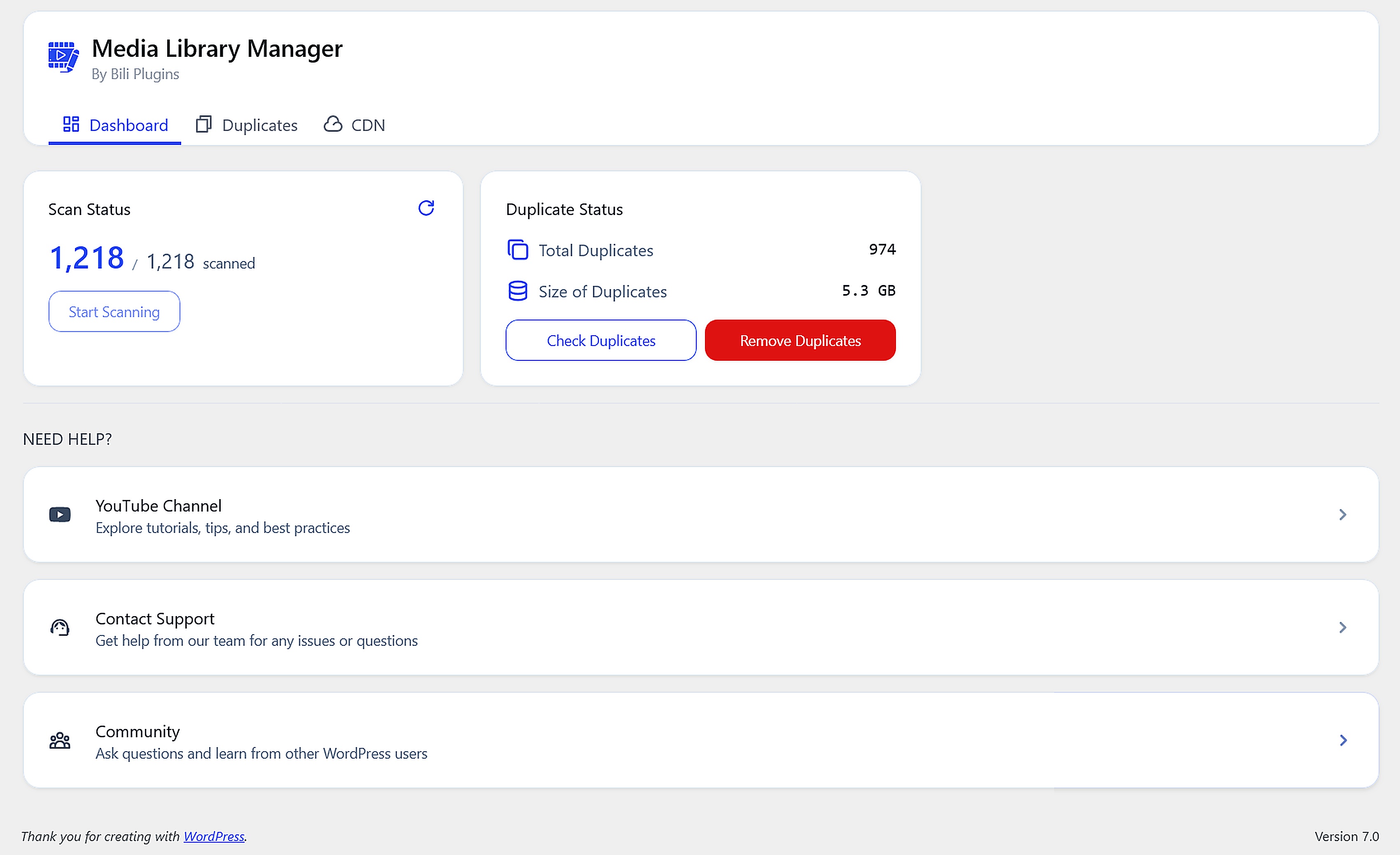 Media Library Manager dashboard showing scan status and duplicate statistics